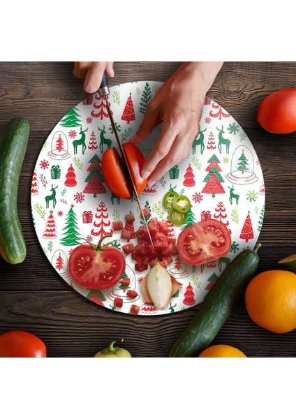 Cam Kesme Tahtası ve Sunumluk Yuvarlak Karışık Yılbaşı Desenli 30X30 cm fırsatları