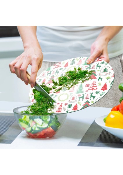 Cam Kesme Tahtası ve Sunumluk Yuvarlak Karışık Yılbaşı Desenli 30X30 cm indirimleri