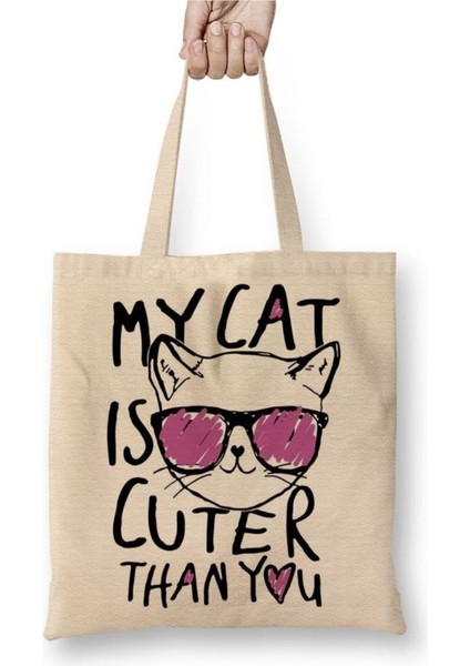 My Cat Is Cuter Than You Kedi Beyaz Bez Çanta Uzun Saplı Alışveriş Çantası Plaj Çantası