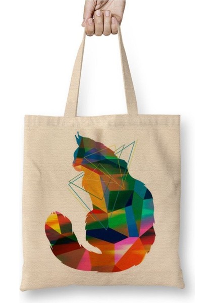 Renkli Cat Kedi Geometrik Beyaz Bez Çanta Uzun Saplı Alışveriş Çantası Plaj Çantası