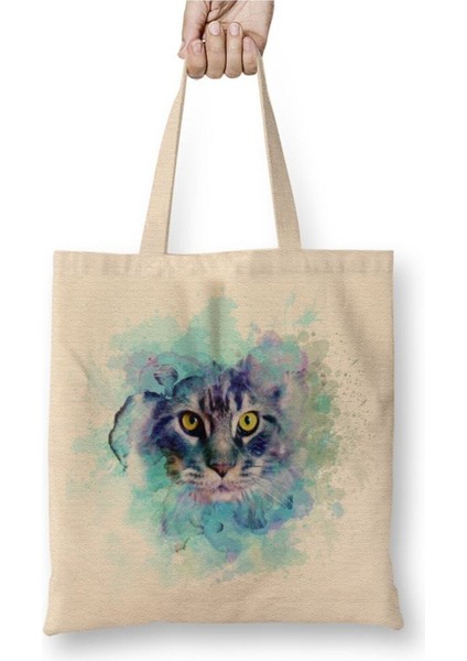 Color Cat Renkli Kedi Beyaz Bez Çanta Uzun Saplı Alışveriş Çantası Plaj Çantası