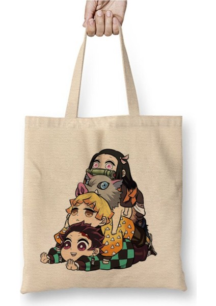 Demon Slayer Iblis Keser Beyaz Bez Çanta Uzun Saplı Alışveriş Çantası Plaj Çantası