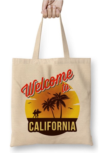 Welcome To California Beyaz Bez Çanta Uzun Saplı Alışveriş Çantası Plaj Çantası