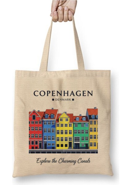 Copenhagen Kopenhag Danimarka Beyaz Bez Çanta Uzun Saplı Alışveriş Çantası Plaj Çantası
