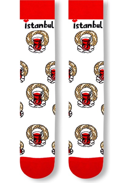 Simit ve Çay Desenli Istanbul Temalı Soket Çorap