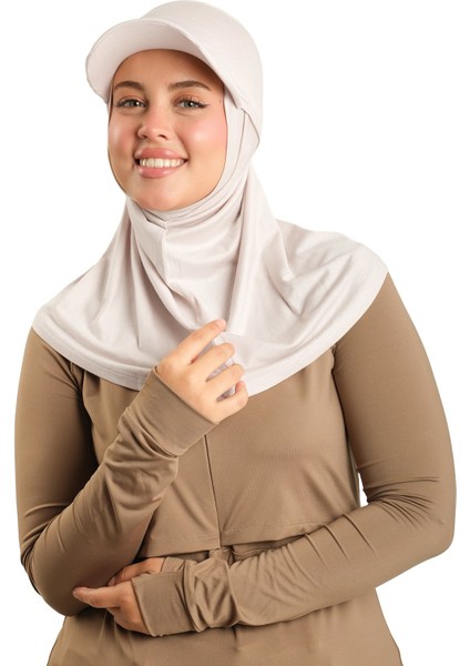 Bej Pratik Hazır Geçmeli Şapkalı Tesettür Eşarp Viskon Düz 2513_12