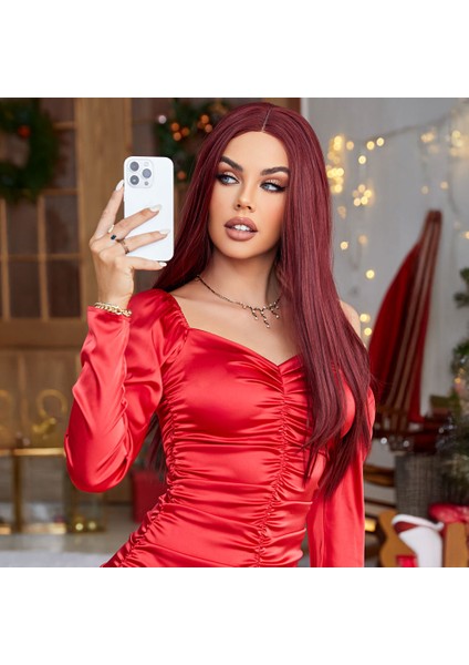 Uzun Düz Kızıl Kahve Fiber Sentetik Tül Peruk modelleri