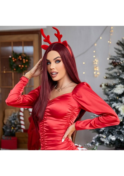 Uzun Düz Kızıl Kahve Fiber Sentetik Tül Peruk