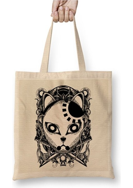 Tanjiro Kamado Engraving Demon Slayer Mask Dark Bez Çanta Uzun Saplı Alışveriş Çantası Plaj Çantası