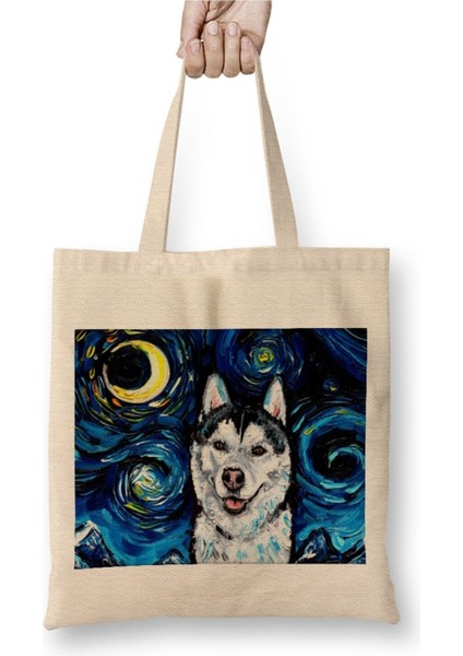 Dog Husky Night Köpek Beyaz Bez Çanta Uzun Saplı Alışveriş Çantası Plaj Çantası