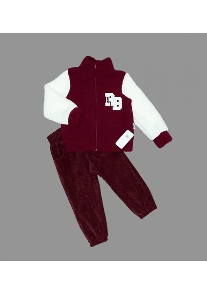 Litaetrend 1-2-3 Yaş Kuzu Kumaş Fermuarlı Sweat Kadife Pantolonlu Uzun Kollu Kız Erkek Çocuk 2li Takım Bordo