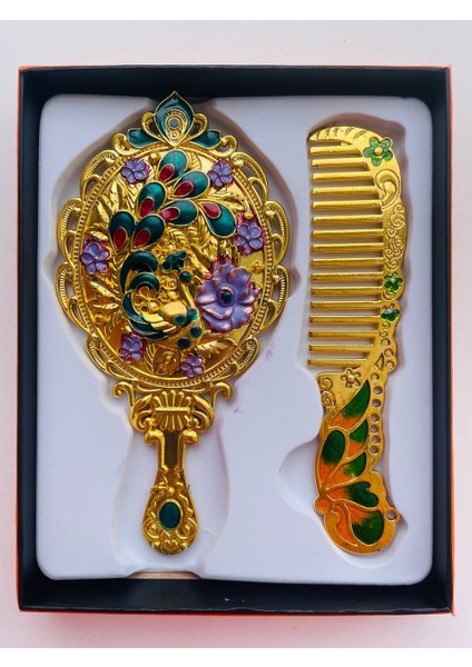 Ayna Tarak Seti, Kutulu-Metal-Hediyelik Takım, 13CM Aynalı Saç Fırçası, Tavuskuşu Figürlü