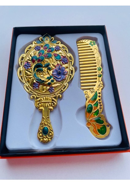 Ayna Tarak Seti, Kutulu-Metal-Hediyelik Takım, 13CM Aynalı Saç Fırçası, Tavuskuşu Figürlü fırsatları