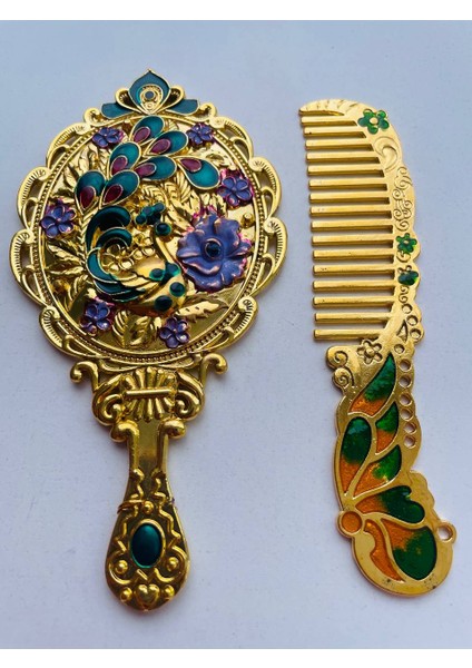 Ayna Tarak Seti, Kutulu-Metal-Hediyelik Takım, 13CM Aynalı Saç Fırçası, Tavuskuşu Figürlü