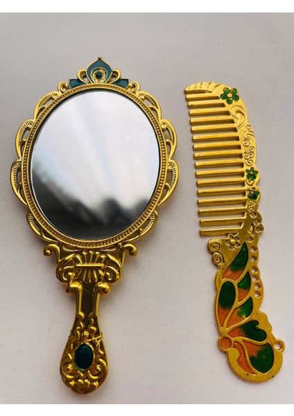 Ayna Tarak Seti, Kutulu-Metal-Hediyelik Takım, 13CM Aynalı Saç Fırçası, Tavuskuşu Figürlü