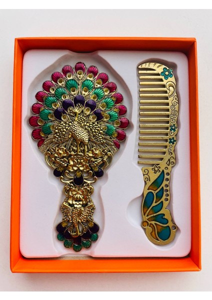 Ayna Tarak Seti, Kutulu-Metal-Hediyelik Takım, 13CM Aynalı Saç Fırçası, Tavuskuşu Figürlü