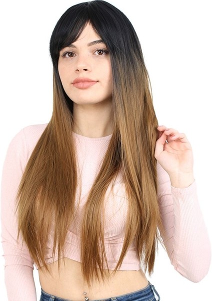 Fiber Sentetik Uzun Düz Kahküllü Peruk / Siyah / Karamel Ombreli fiyatları