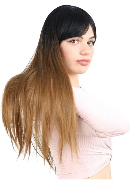 Fiber Sentetik Uzun Düz Kahküllü Peruk / Siyah / Karamel Ombreli modelleri