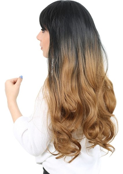 Kahküllü Uzun Dalgalı Fiber Sentetik Peruk / Siyah / Karamel Ombreli modelleri