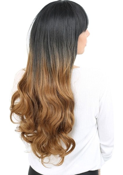 Kahküllü Uzun Dalgalı Fiber Sentetik Peruk / Siyah / Karamel Ombreli fırsatları