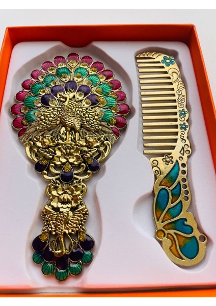 Ayna Tarak Seti, Kutulu-Metal-Hediyelik Takım, 13CM Aynalı Saç Fırçası, Tavuskuşu Figürlü modelleri