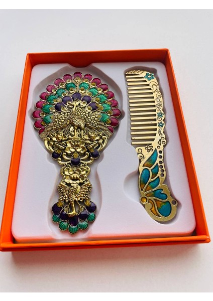 Ayna Tarak Seti, Kutulu-Metal-Hediyelik Takım, 13CM Aynalı Saç Fırçası, Tavuskuşu Figürlü fırsatları