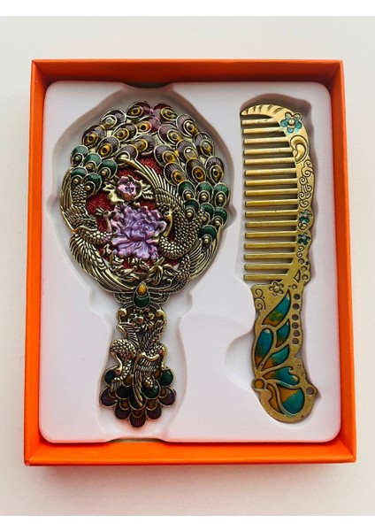 Ayna Tarak Seti, Kutulu-Metal-Hediyelik Takım, 13CM Aynalı Saç Fırçası, Tavuskuşu Figürlü