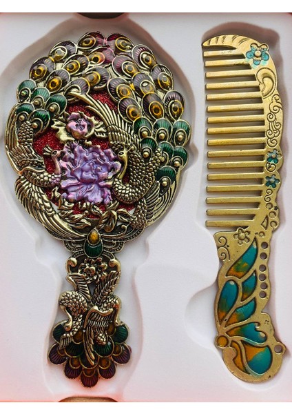 Ayna Tarak Seti, Kutulu-Metal-Hediyelik Takım, 13CM Aynalı Saç Fırçası, Tavuskuşu Figürlü modelleri