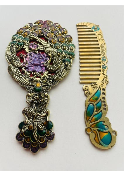 Ayna Tarak Seti, Kutulu-Metal-Hediyelik Takım, 13CM Aynalı Saç Fırçası, Tavuskuşu Figürlü