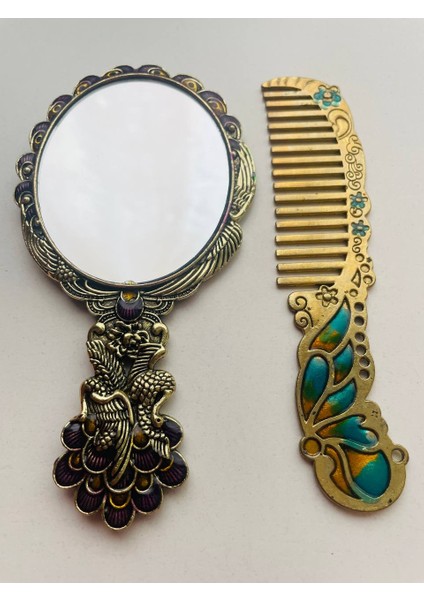 Ayna Tarak Seti, Kutulu-Metal-Hediyelik Takım, 13CM Aynalı Saç Fırçası, Tavuskuşu Figürlü