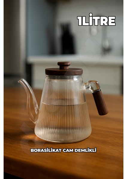 Akasya Kapaklı ve Saplı Cam Demlik - Isıya Dayanıklı - Cam Demlikli - 3 Parça - 1 Litre