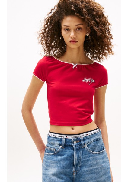 Yuvarlak Yaka Düz Kırmızı Kadın T-Shirt DW0DW21239XLG