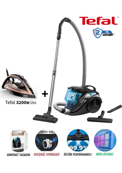 Compact Power Cyclonic 1,5 Litre 750 Watt Toz Torbasız Elektrikli Süpürge + Tefal 3200W Ütü
