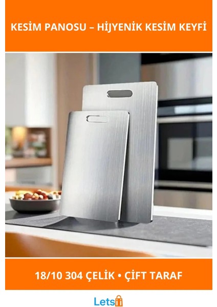 Antibakteriyel Paslanmaz Çelik Kesim Panosu 2'li Set Büyük ve Küçük