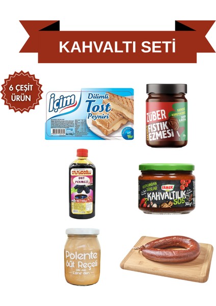 Modern Gurme Kahvaltı Seti (6 Çeşit) - 1kg Sucuk + Içim Tost Peyniri 500GR + Züber Fıstık Ezmesi + Polente Süt Reçeli + Tamek Sos + 1 Adet Dut Pekmezi