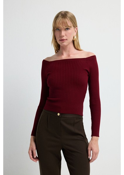 Yakası Açık Triko Kazak Bordo 13942993002