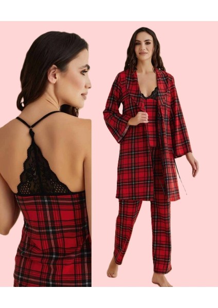 Kadın Ekose Üç Parça Kırmızı & Siyah Penye Pijama Takımı D1.01.LL.02.010