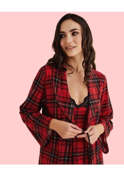 Kadın Ekose Üç Parça Kırmızı & Siyah Penye Pijama Takımı D1.01.LL.02.010 fiyatları