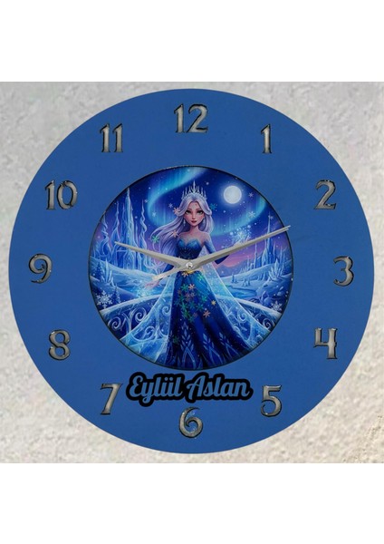 Kişiye Özel Isimli Buzlar Kraliçesi Çocuk Odası Duvar Saati | Epoksi Resimli & Rakamlı | 35 cm
