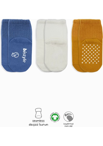 3lü Basic Kaymaz Penye Soket Çorap 10107 Indigo Ekru Hardal