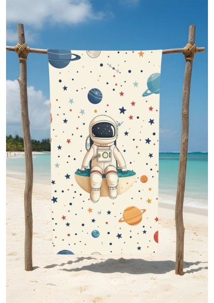 Çocuk Plaj Havlusu Astronot Desenli Pamuk Plaj Havlusu – Desenli Tasarım – 75X150 cm