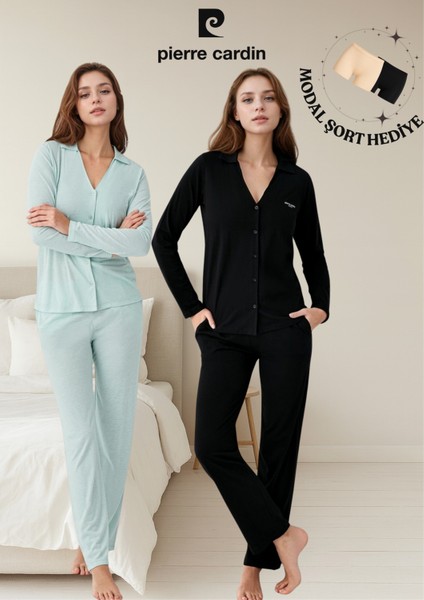 Kadın Giyim 2 Adet Pamuklu & Modal Uzun Kol Gömlek Pijama Takımı (Modal Şort Hediyeli)