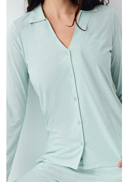 Kadın Giyim 2 Adet Pamuklu & Modal Uzun Kol Gömlek Pijama Takımı (Modal Şort Hediyeli) modelleri