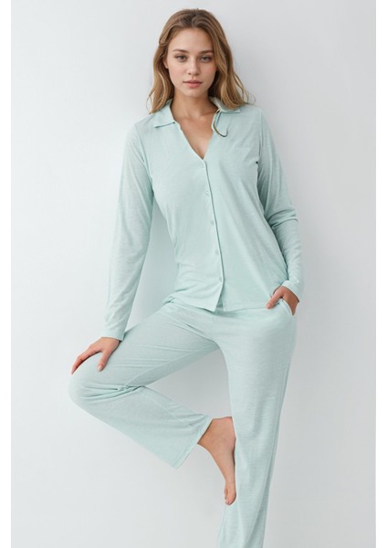 Kadın Giyim 2 Adet Pamuklu & Modal Uzun Kol Gömlek Pijama Takımı (Modal Şort Hediyeli) fırsatları
