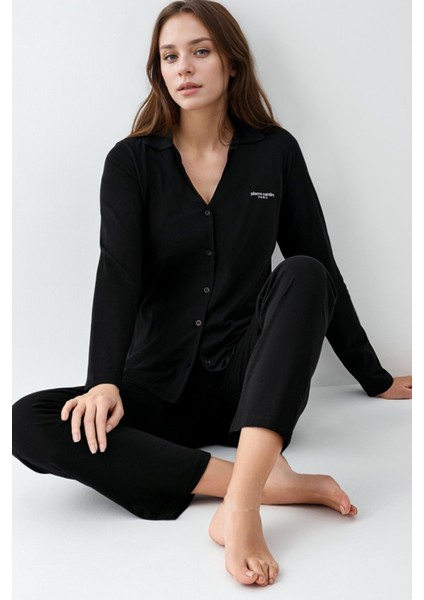 Kadın Giyim 2 Adet Pamuklu & Modal Uzun Kol Gömlek Pijama Takımı (Modal Şort Hediyeli)