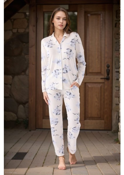 Kadın Ev Giyim Gömlek Yaka Pamuklu 2'li Krem Pijama Takımı LL.PC88.K83.D01