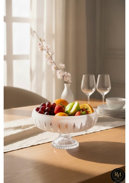 El Yapımı Kesme Kristal Vertical Desen 28 cm Dekoratif Sunumluk Ayaklı Sofra Sunum Kasesi