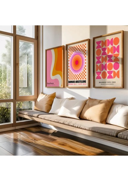 (Çerçevesiz) Bauhaus 3'lü Turuncu Pembe Çerçevesiz Poster Seti, Modern Dekoratif Poster Seti
