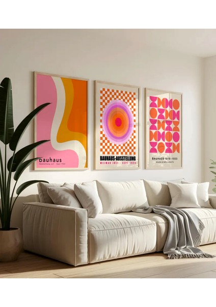 (Çerçevesiz) Bauhaus 3'lü Turuncu Pembe Çerçevesiz Poster Seti, Modern Dekoratif Poster Seti indirimleri