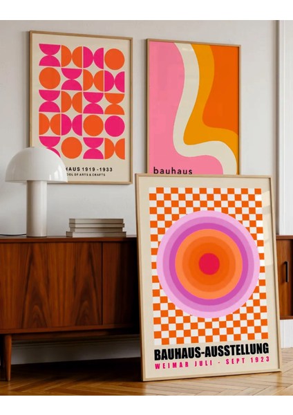 (Çerçevesiz) Bauhaus 3'lü Turuncu Pembe Çerçevesiz Poster Seti, Modern Dekoratif Poster Seti